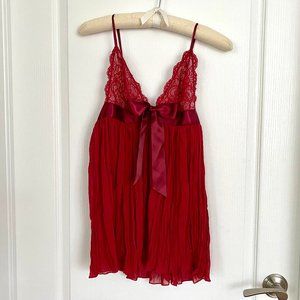 Victoria's Secret Red Pleated Babydoll Chemise with Lace Chiffon Satin
